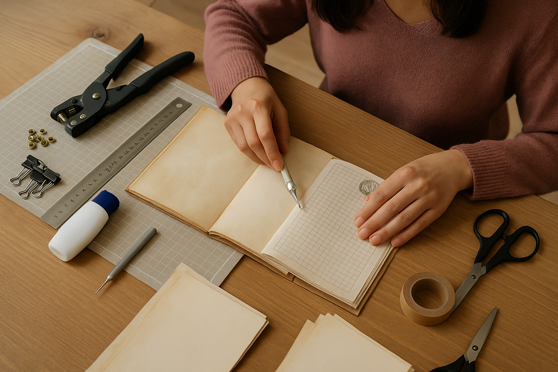Woman creating a handmade paper junk journal at a rustic wooden desk with crafting tools nearby, including scissors, grommet tool, binder clips, glue, self-healing cutting mat, and X-Acto knife.