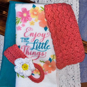 Towel Set, Handmade Crocheted Dish Cloth, and Over the Handle Towel Holder