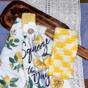 Towel Set, Handmade Crocheted Dish Cloth, and Over the Handle Towel Holder
