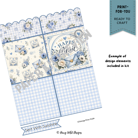 Blue floral Happy Mail loaded envelope paper craft page with gingham pockets, envelopes, postage stamps and Sent With Sunshine banner