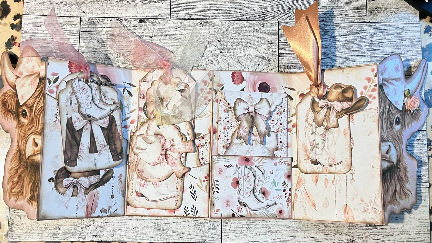 Highland cow 3d card in hobo color tones with ribbon embellishments inside of card