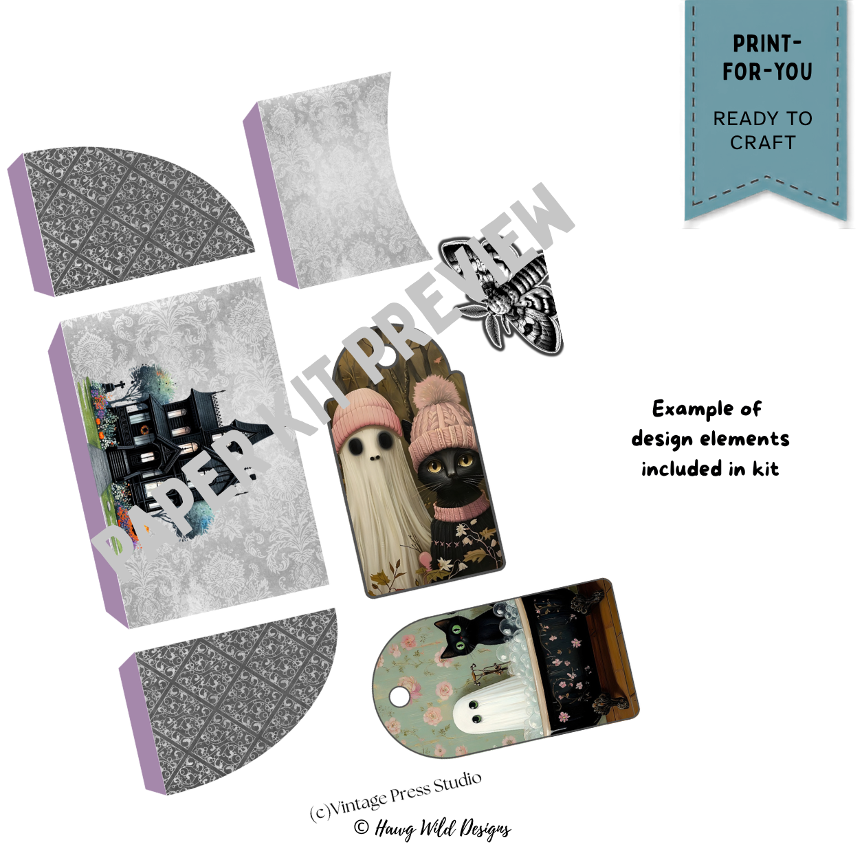 Halloween hidden tag components with haunted manor pocket, black cat and ghost tags, Gothic patterns and moth embellishment