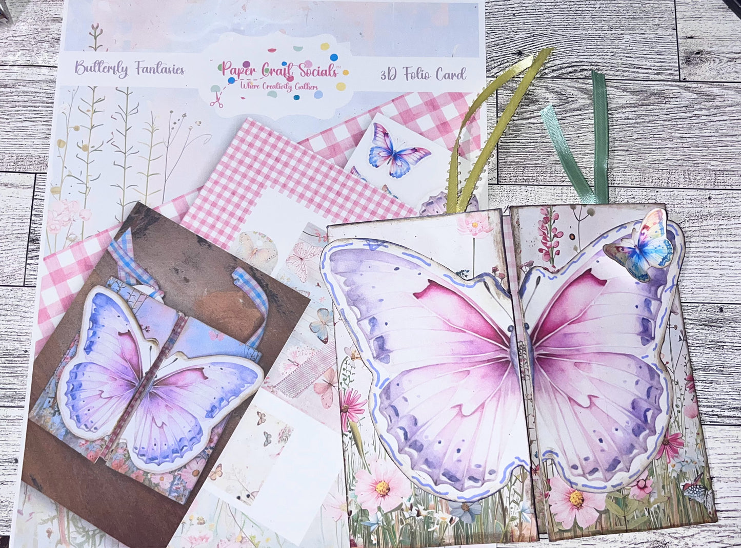 3D Butterly Folio paper kit that is in colors of pink and purple showing Kit cover page and finished card