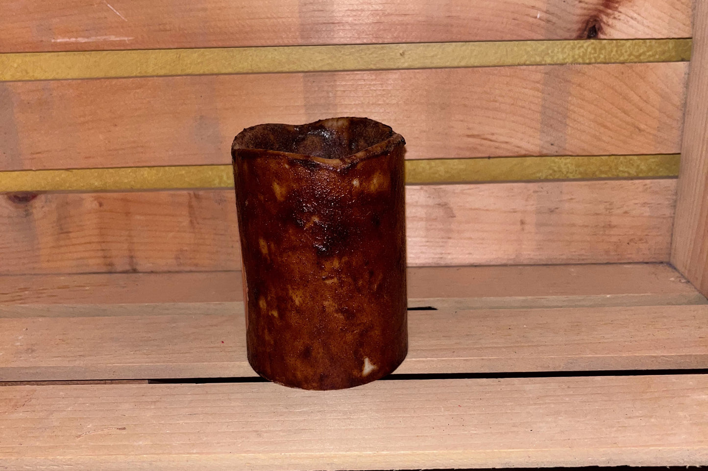 Back of grundy pillar candle showing all the primitive grungy goodness on a candle with a rustic finish.