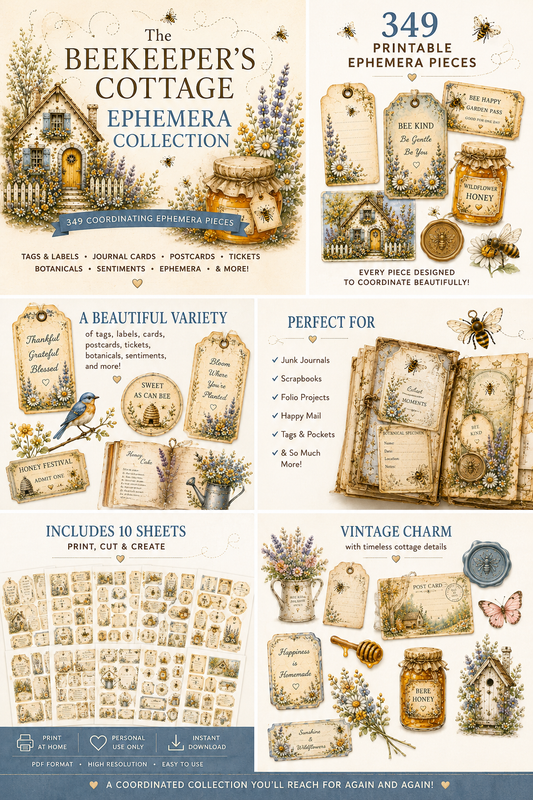 Honey Harvest Treasures Ephemera Mega Pack | 349 Printable Bee and Cottage Journal Pieces