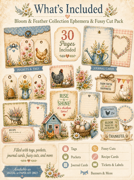 What’s Included graphic for the Bloom and Feather Collection showing 30 pages of tags, pockets, journal cards, fussy cuts, recipe cards, tickets, labels, and banners.