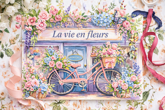 Life’s in Bloom Mini Accordion Journal cover featuring a pink bicycle in front of a floral storefront with bright spring flowers
