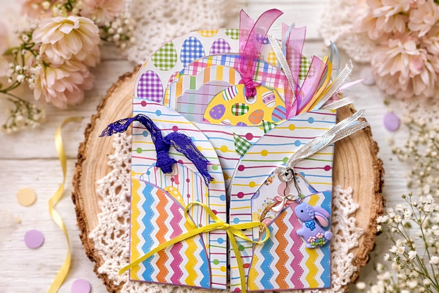 Colorful Easter junk journal tag pocket with layered printable ephemera, ribbons, and bunny charm arranged in a soft spring-themed flat lay with flowers