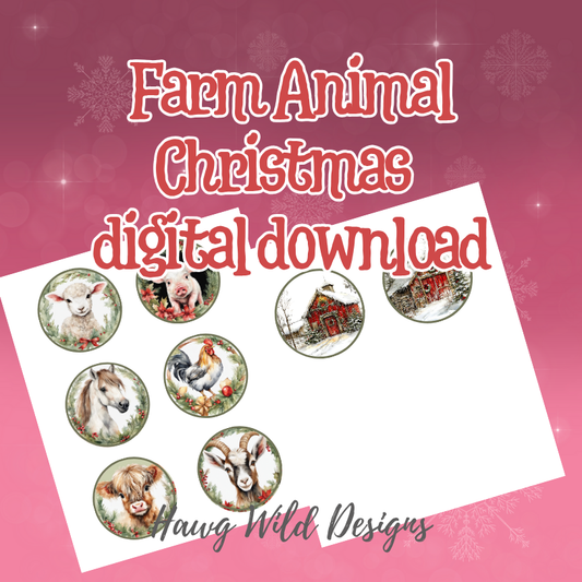 Farm Animal Christmas digital download preview featuring printable round ornament designs of a lamb, piglet, horse, highland cow, goat, rooster, and snowy red barn displayed on a pink background with snowflakes and the text ‘Farm Animal Christmas digital download – Hawg Wild Designs.
