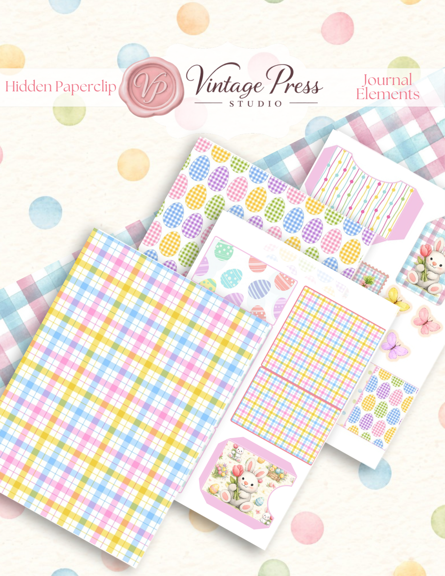 Easter Paperclip with Paper Pack printable kit featuring pastel plaid papers, Easter egg patterns, bunny embellishments, and folio journal elements