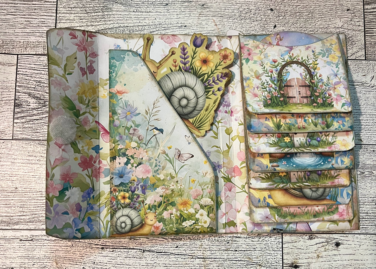 Paper Craft Studios Enchanted Garden Mini Waterfall Folio Cover Page showing the inside of the folio with pockets, epherma, and waterfall cards all in the inside of the folio