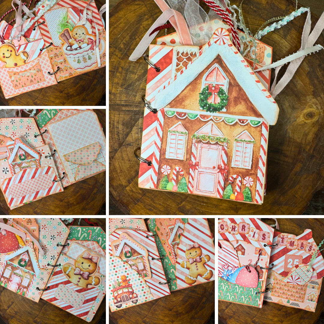 Collage of a handmade Christmas junk journal folio titled "Gingerbread Dreams." The folio is shaped like a gingerbread house and decorated with candy stripes, gingerbread men, and festive papers. The collage shows multiple inside pages with pockets, tags, journaling cards, and holiday-themed embellishments in red, pink, and mint tones.