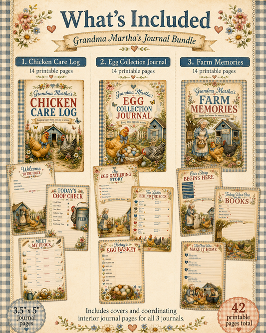 Three printable mini journals with 14 pages each for chicken care, egg collection, and farm family memories.