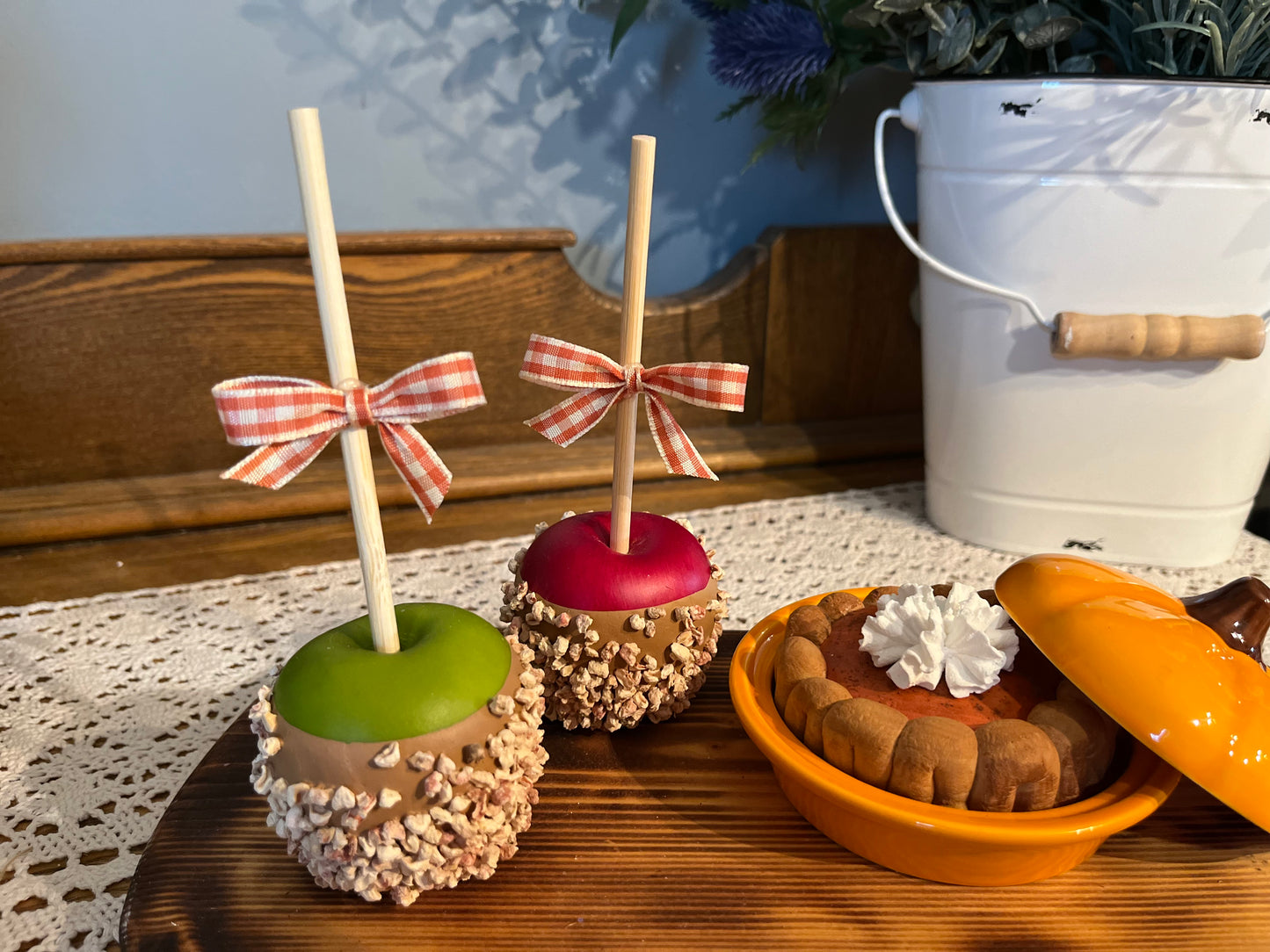 Decorative Fake Pumpkin Pie in Ceramic Pumpkin Dish - Realistic, Non-Edible Fall Decor
