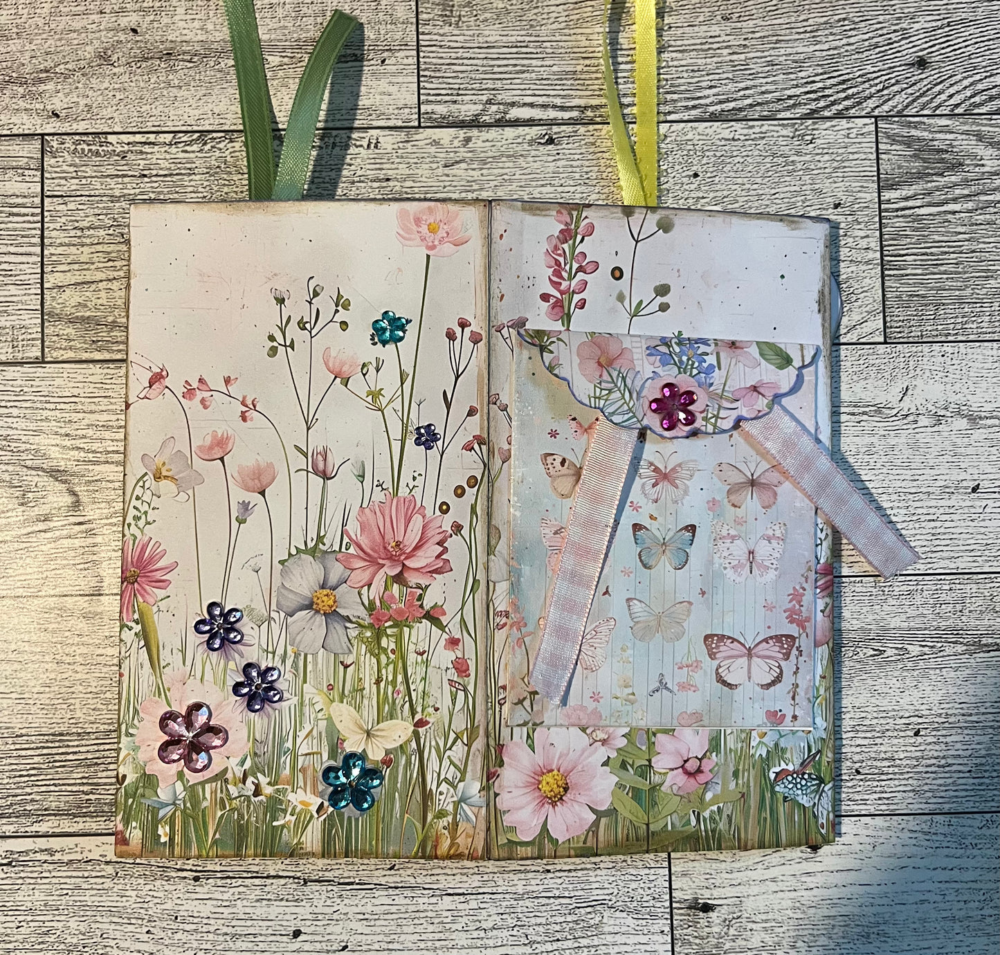 3D Butterly Folio paper kit that is in colors of pink and purple Back Cover showing pocket, ribbons and gem embellishments