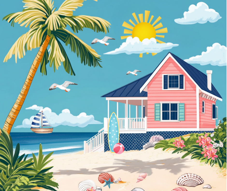 Life’s a Beach printable memory keeper folio cover photo featuring a pink beach house, palm trees, sail boat for junk journaling and paper crafts