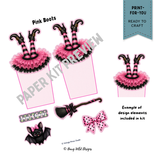 Boots Bows & Broomsticks Halloween craft kit preview with pink witch boots, broom, bow, bat, and printable tag elements