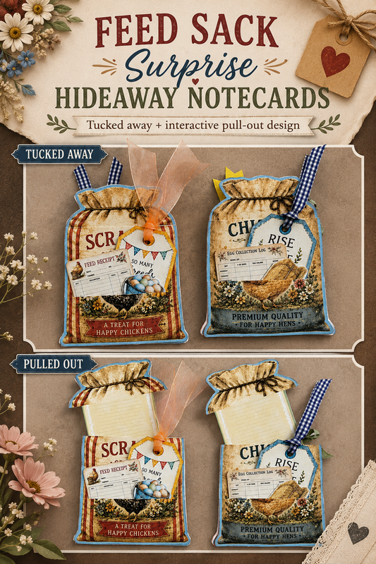 Pinterest graphic showing two farmhouse feed sack hideaway notecards in both closed and pulled-out positions, revealing lined writing inserts, chicken-themed tags, an egg collection log, feed receipt, ribbons, and rustic floral details.