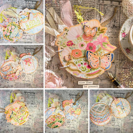 Teacup-shaped afternoon tea journal pages with floral patterns, tags, and ribbon ties