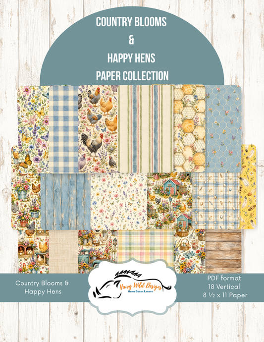 Eighteen coordinated papers featuring hens, wildflowers, gingham, plaid, chicken wire, and rustic textures