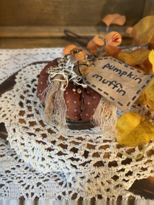 Aromatic Fabric Stuffed Pumpkin Muffins - Primitive Style with Coffee Cinnamon Scent - Unique Embellishments