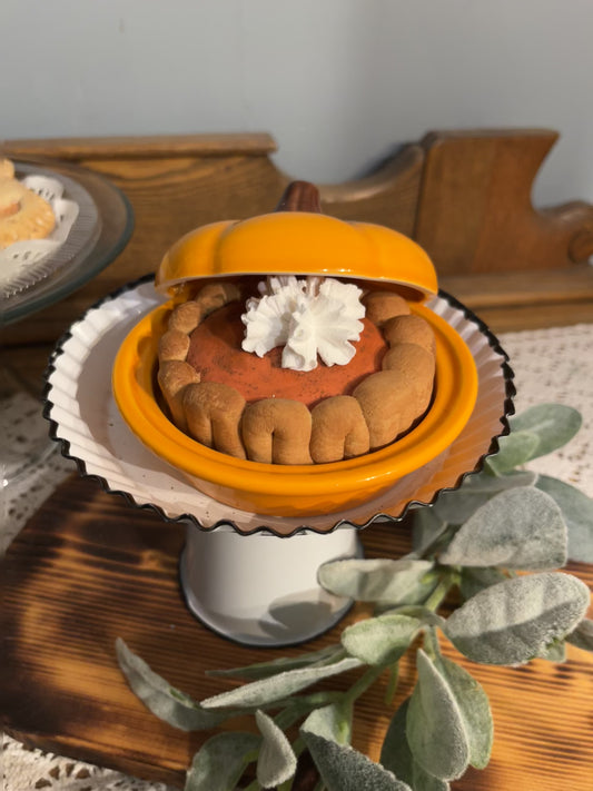 Decorative Fake Pumpkin Pie in Ceramic Pumpkin Dish - Realistic, Non-Edible Fall Decor