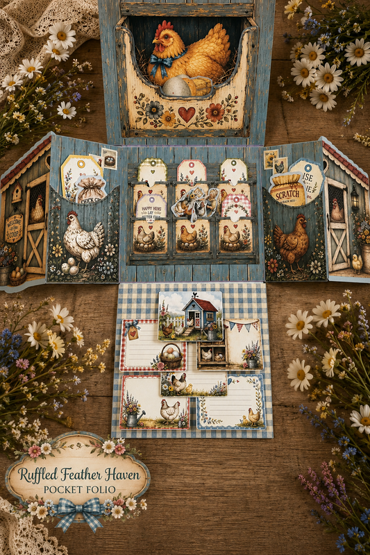 The Little Blue Coop Flip-Out Creative Junk Journal opened to show side pockets, tags, journaling spaces, and interactive farmhouse details
