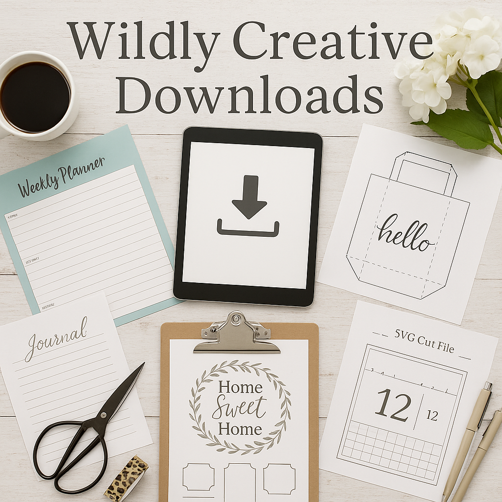 flatlay of a clipboard, scissors, table, cup of coffee, planner, pens, and two different printables