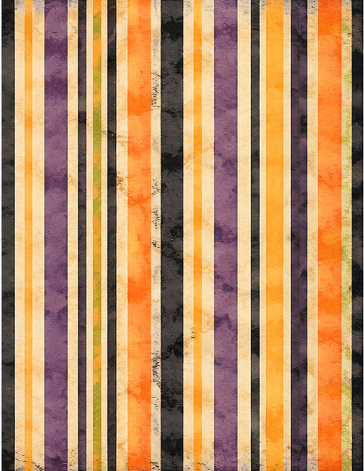 Vintage Halloween printable scrapbook paper featuring distressed orange, purple, black, green and cream vertical stripes for seasonal paper crafts.