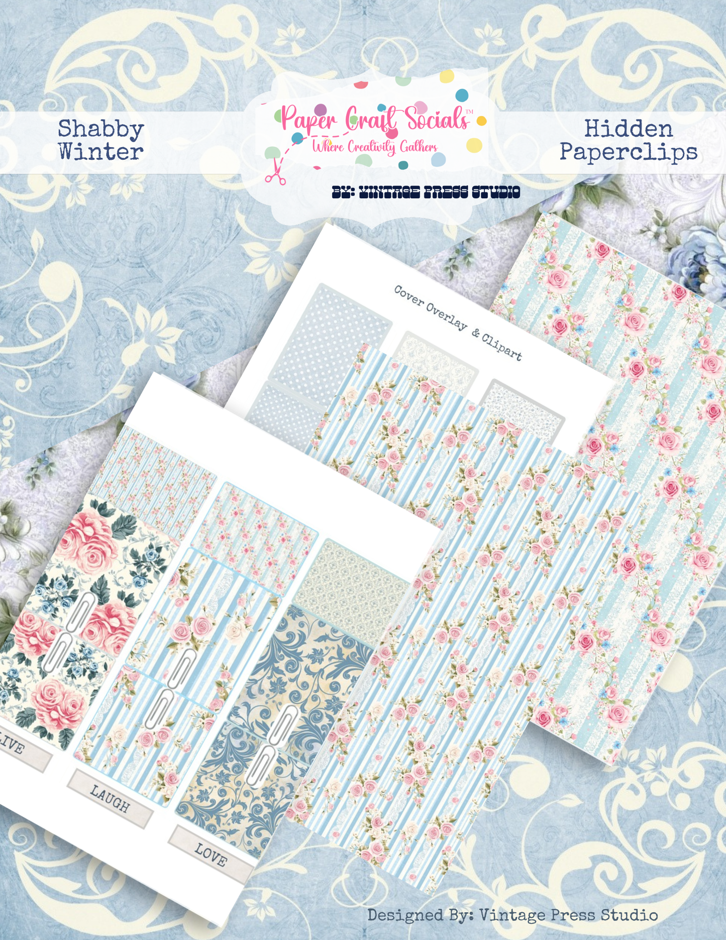 Shabby Winter Hidden Paperclips physical paper craft kit with blue floral papers blush roses and vintage journal elements