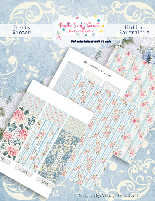 Shabby Winter Hidden Paperclips physical paper craft kit with blue floral papers blush roses and vintage journal elements