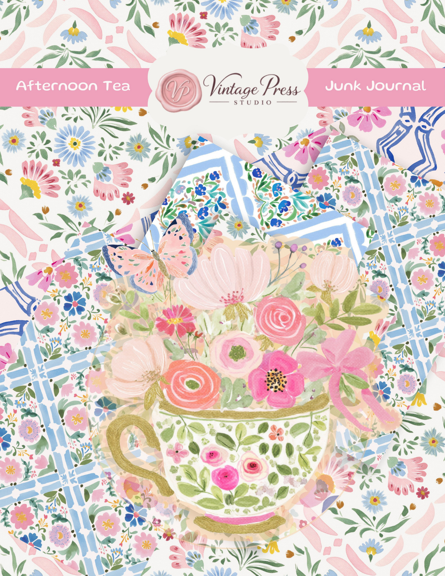 Afternoon Tea Junk Journal by Vintage Press Studio with floral teacup, butterfly and colorful vintage-inspired patterned papers