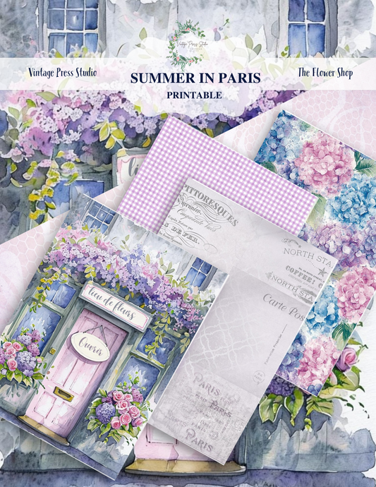 Vintage Paris Flower Shop Folio Kit | Hydrangea Junk Journal | Summer Paper Craft Kit