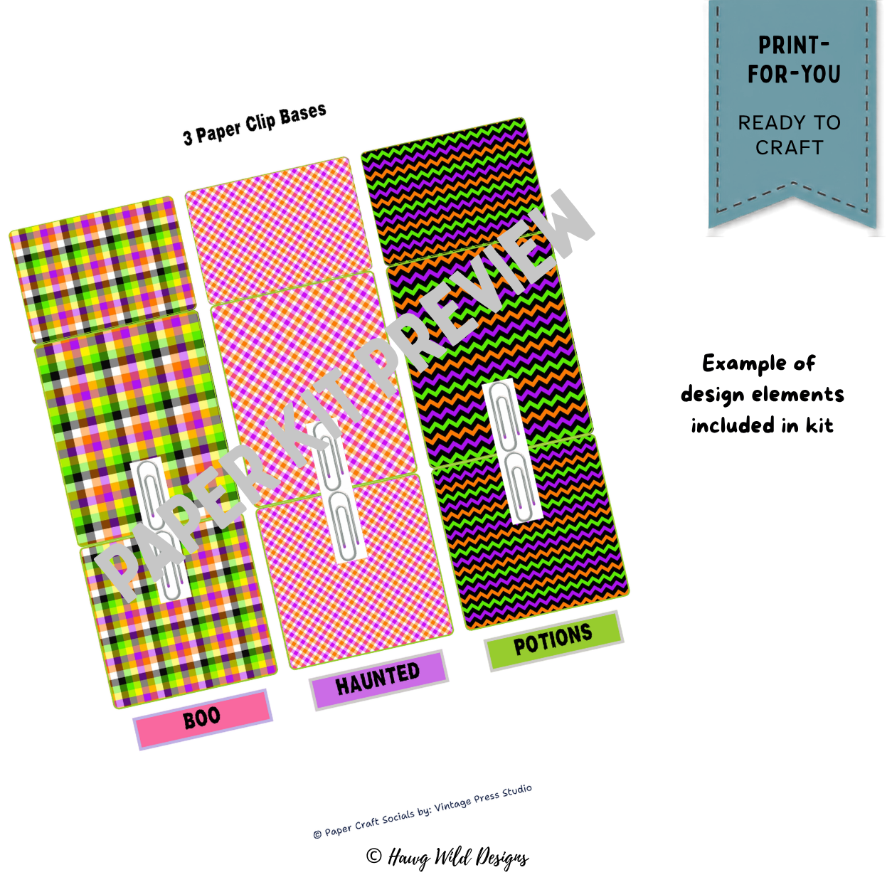 Three Halloween paper clip bases in plaid gingham and chevron patterns labeled Boo Haunted and Potions
