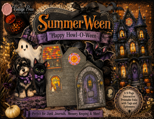 Summerween Howl-O-Ween Halloween mini journal paper craft kit with haunted house, black cat, dog, ghost, bat and interactive folio