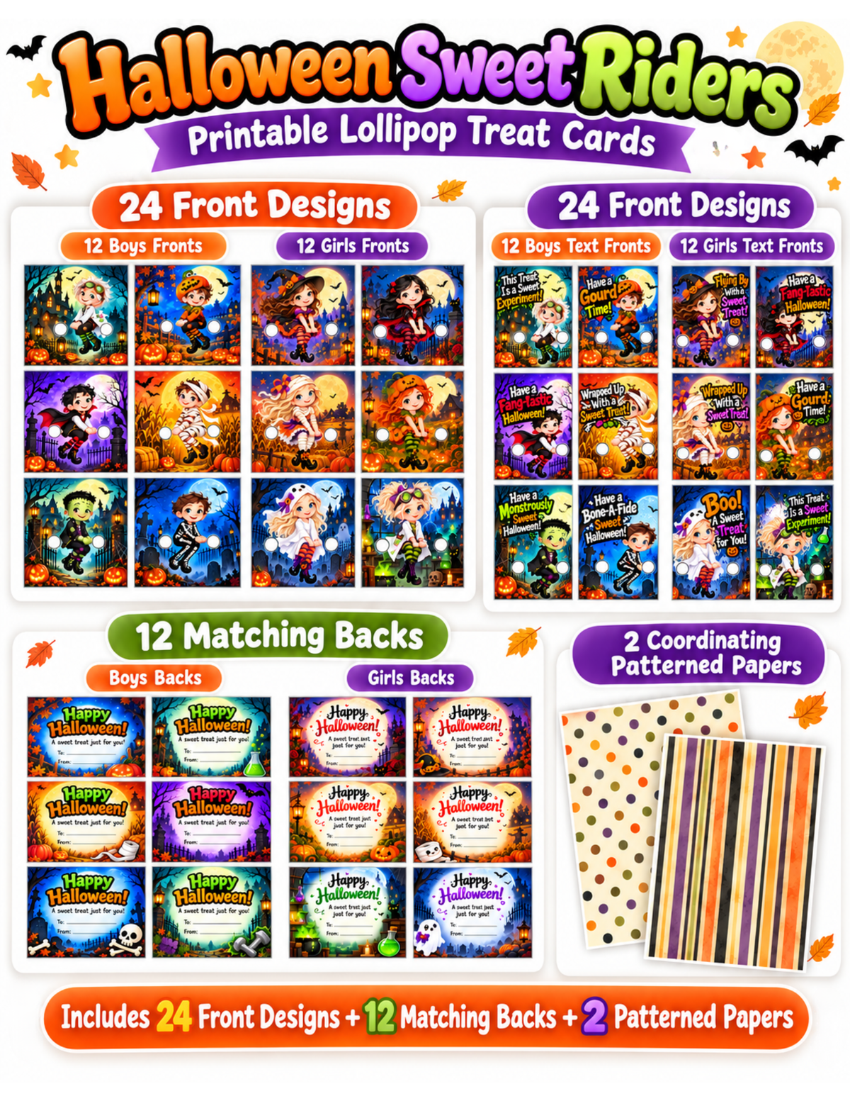 Halloween Sweet Riders printable lollipop treat card collection with 24 front variations, 12 matching backs and 2 coordinating Halloween patterned papers.