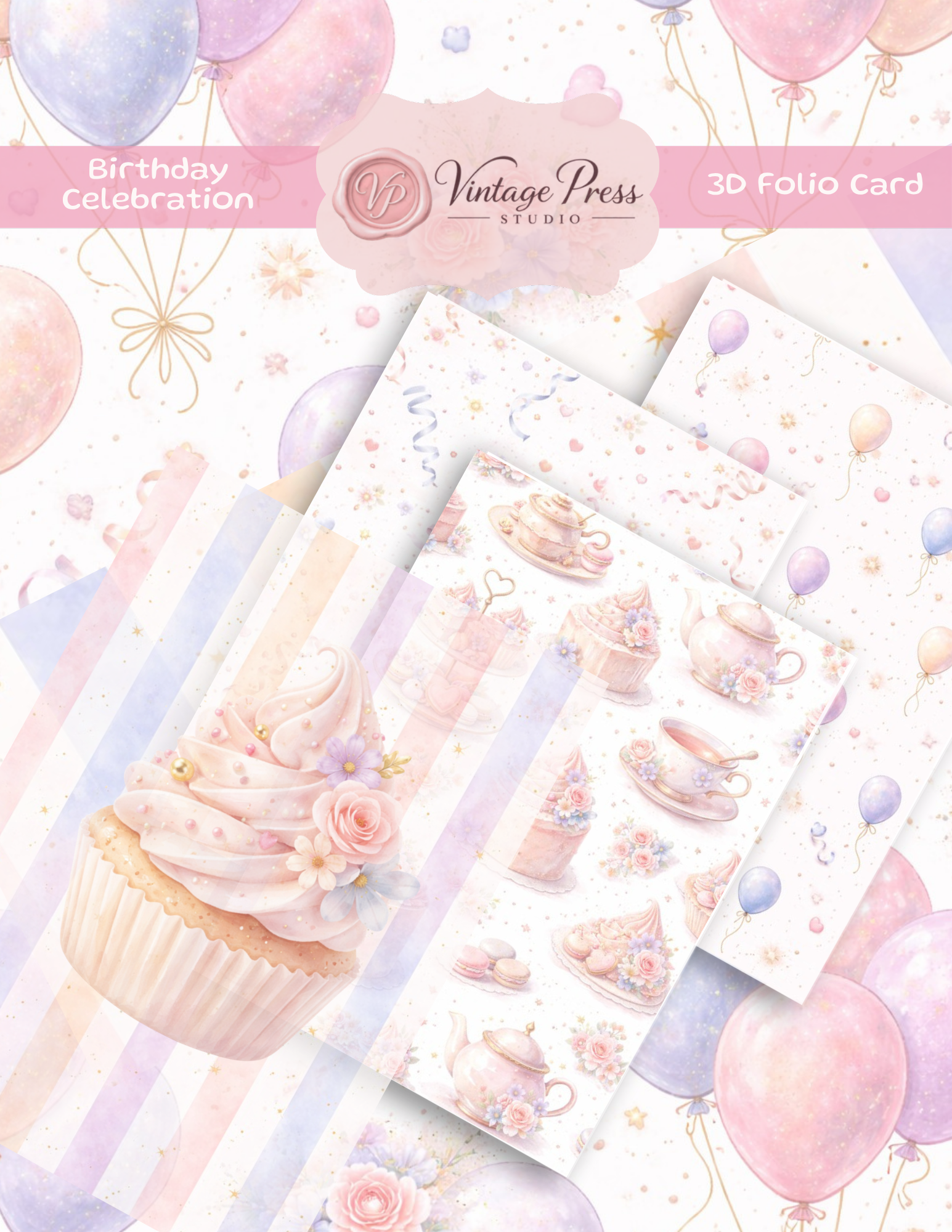 Birthday Cupcake 3D Folio Card craft kit with pastel cupcakes, tea cups, balloons, florals and striped birthday papers