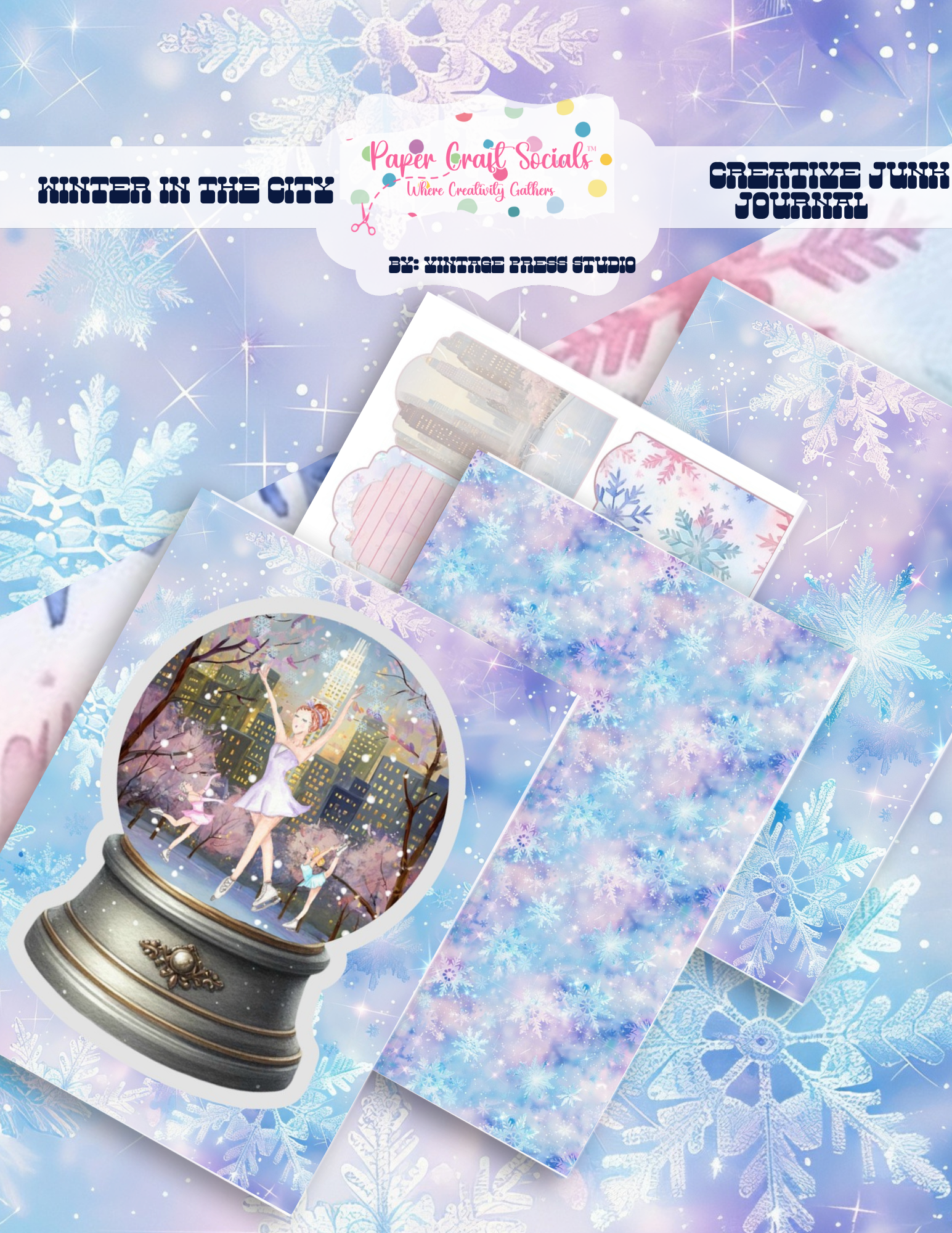 Winter in the City Junk Journal physical paper craft kit with snowy city scenes blue lavender snowflakes and skating imagery