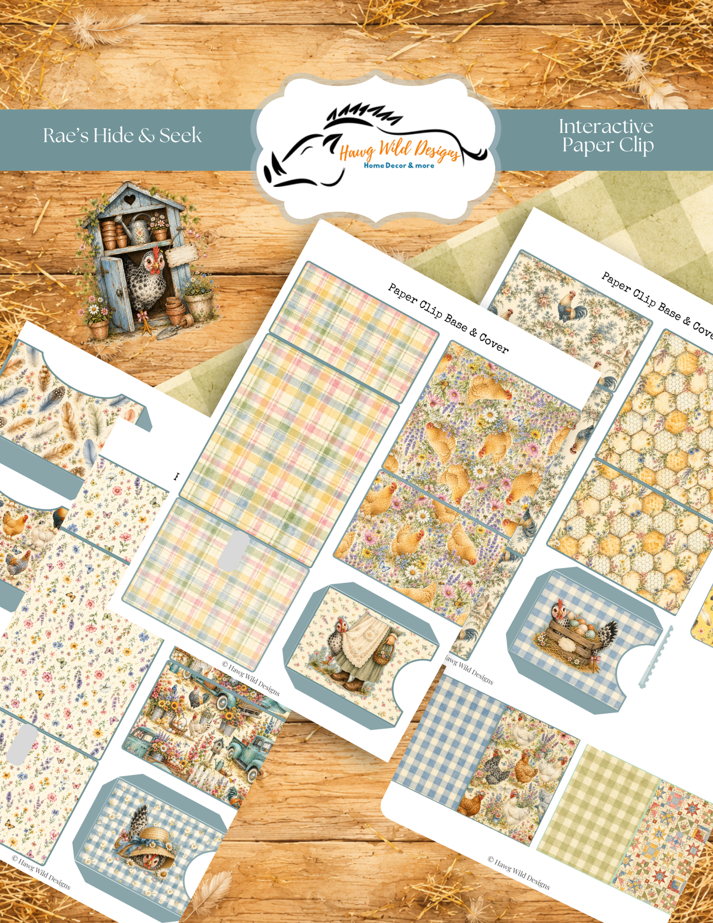 Digital download with five printable pages for three interactive chicken-themed hidden paper clips.