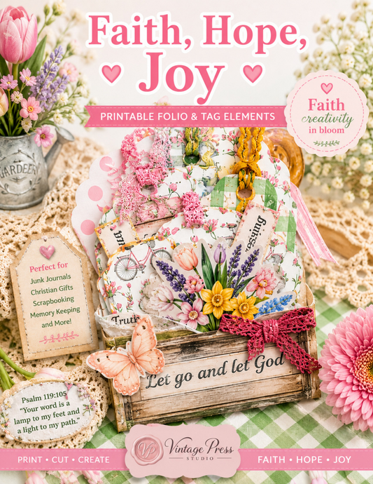 Bundle of Faith Mega Pack paper craft preview featuring faith hope joy, tulips, florals, journal tags and layered junk journal elements