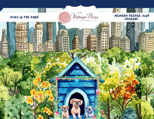 Pups in the Park Memory Keeper Junk Journal cover featuring three puppies in a blue dog house with a city park background