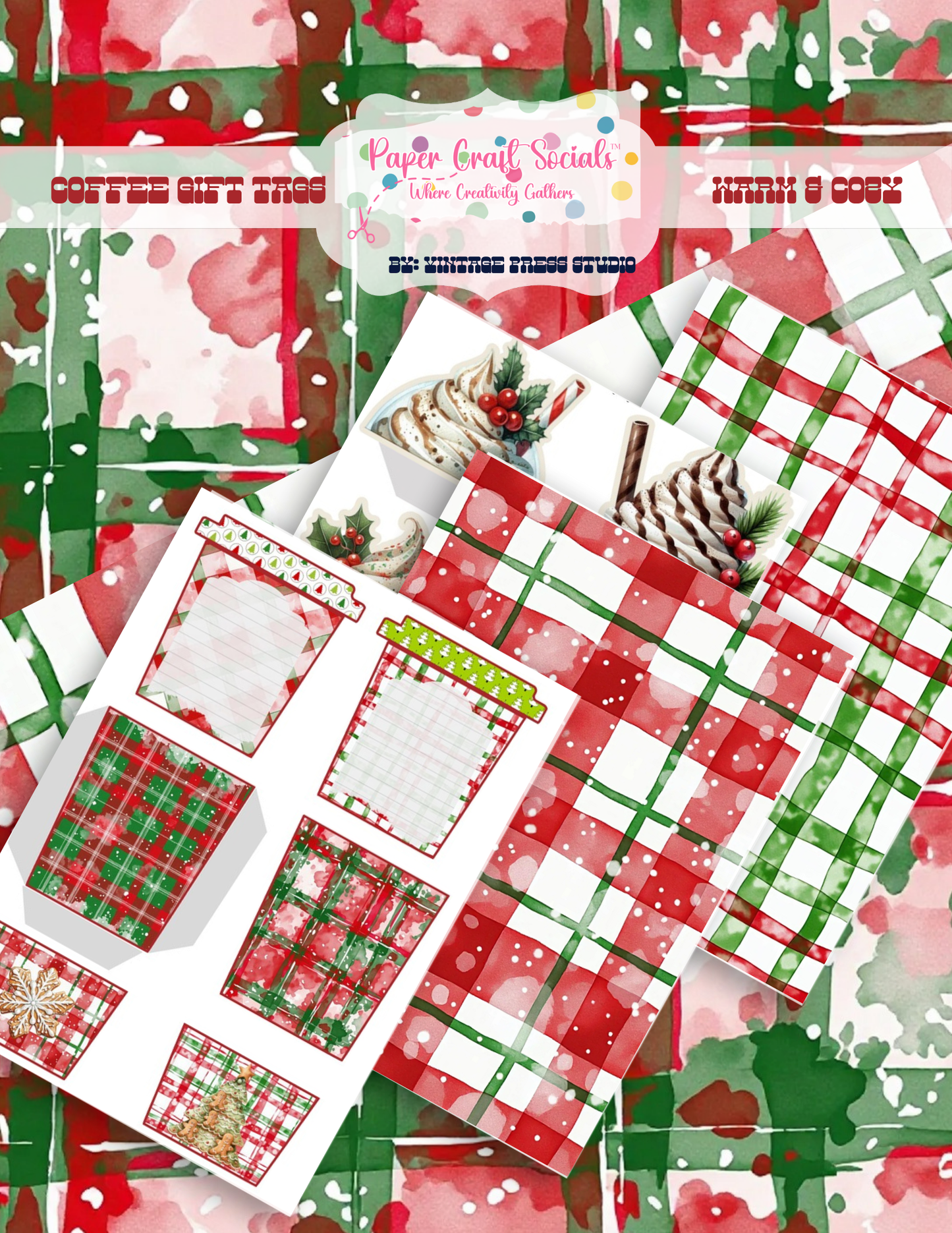 Warm and Cozy Coffee Gift Tags Christmas paper craft kit with red and green plaid, coffee cups, whipped cream toppers and festive holiday designs