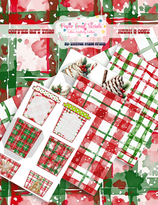 Warm and Cozy Coffee Gift Tags Christmas paper craft kit with red and green plaid, coffee cups, whipped cream toppers and festive holiday designs