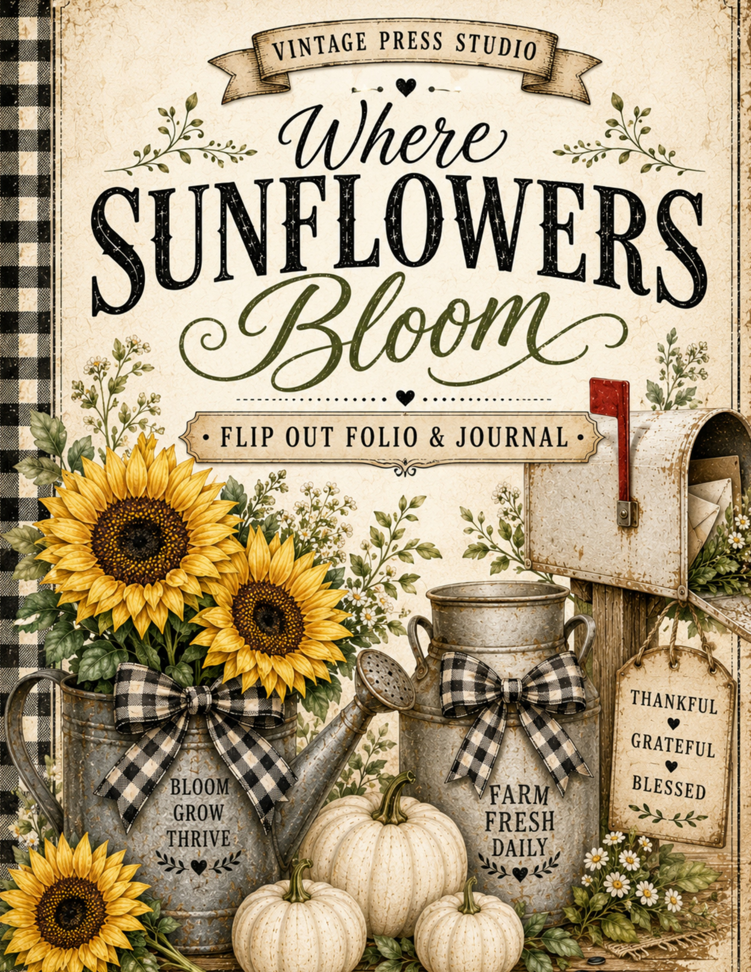 Where Sunflowers Bloom flip-out folio journal paper craft kit with sunflowers, white pumpkins, farmhouse watering cans and black gingham