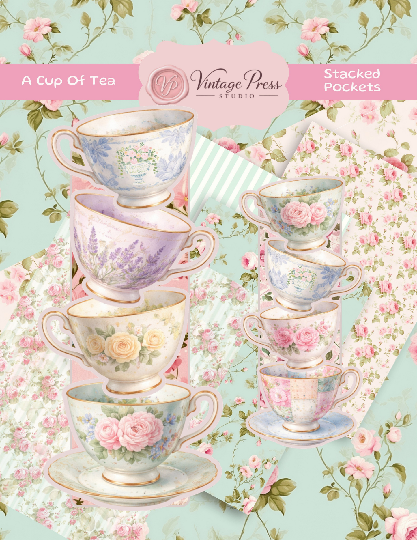 A Cup of Tea Stacked Pockets paper craft kit with vintage floral teacups, roses, aqua patterned papers and romantic tea party designs