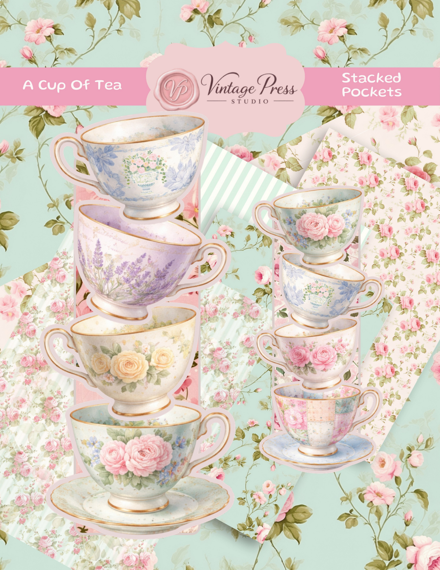 A Cup of Tea Stacked Pockets paper craft kit with vintage floral teacups, roses, aqua patterned papers and romantic tea party designs