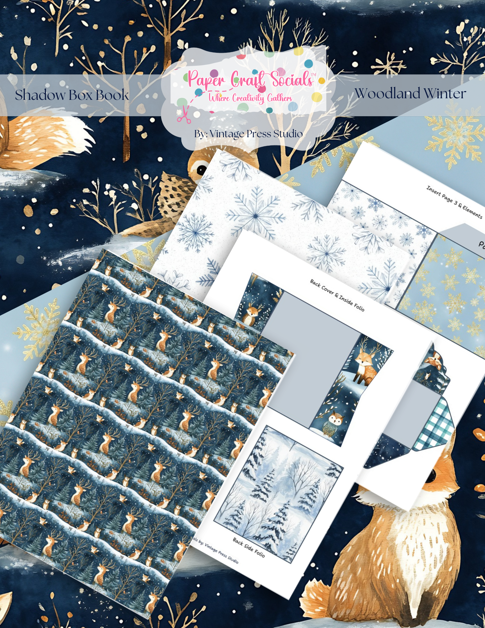 Woodland Winter Shadow Box Book craft kit featuring winter woodland animals, snowy forest papers and coordinating project pages
