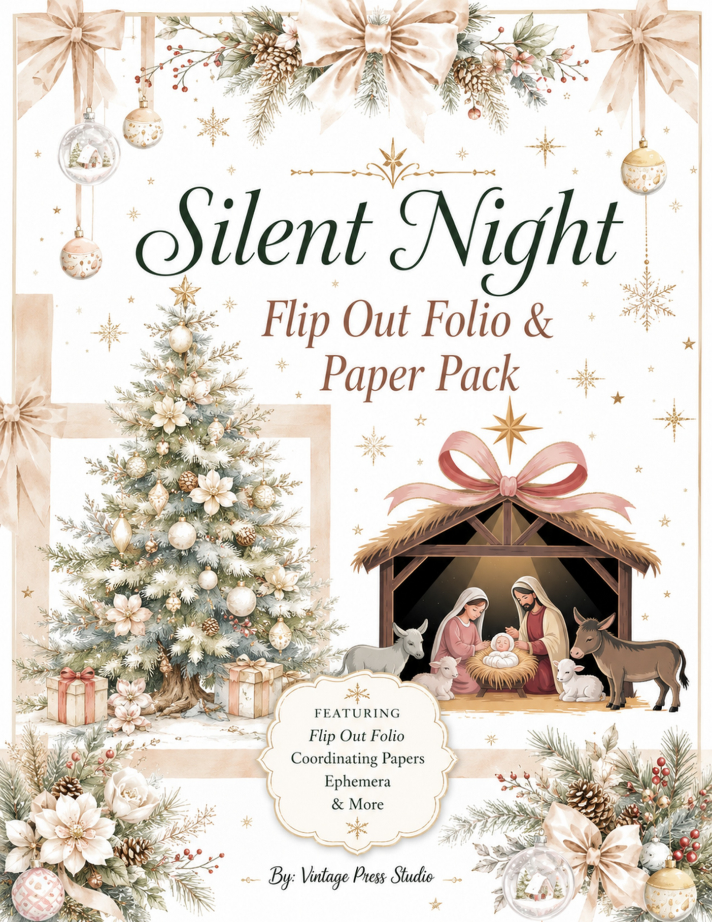 Silent Night Flip-Out Folio and Paper Pack featuring nativity scene, decorated Christmas tree, soft neutral florals, ornaments and elegant Christmas elements
