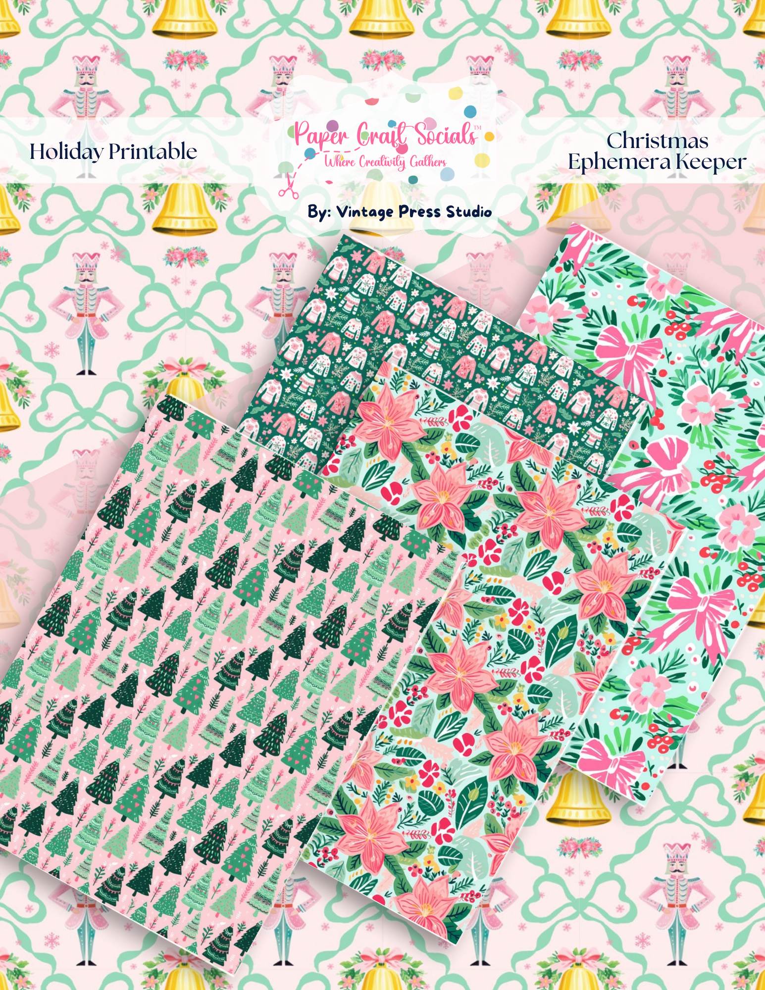 Christmas Ephemera Keeper paper craft kit by Paper Craft Socials with colorful pink, mint and green holiday papers