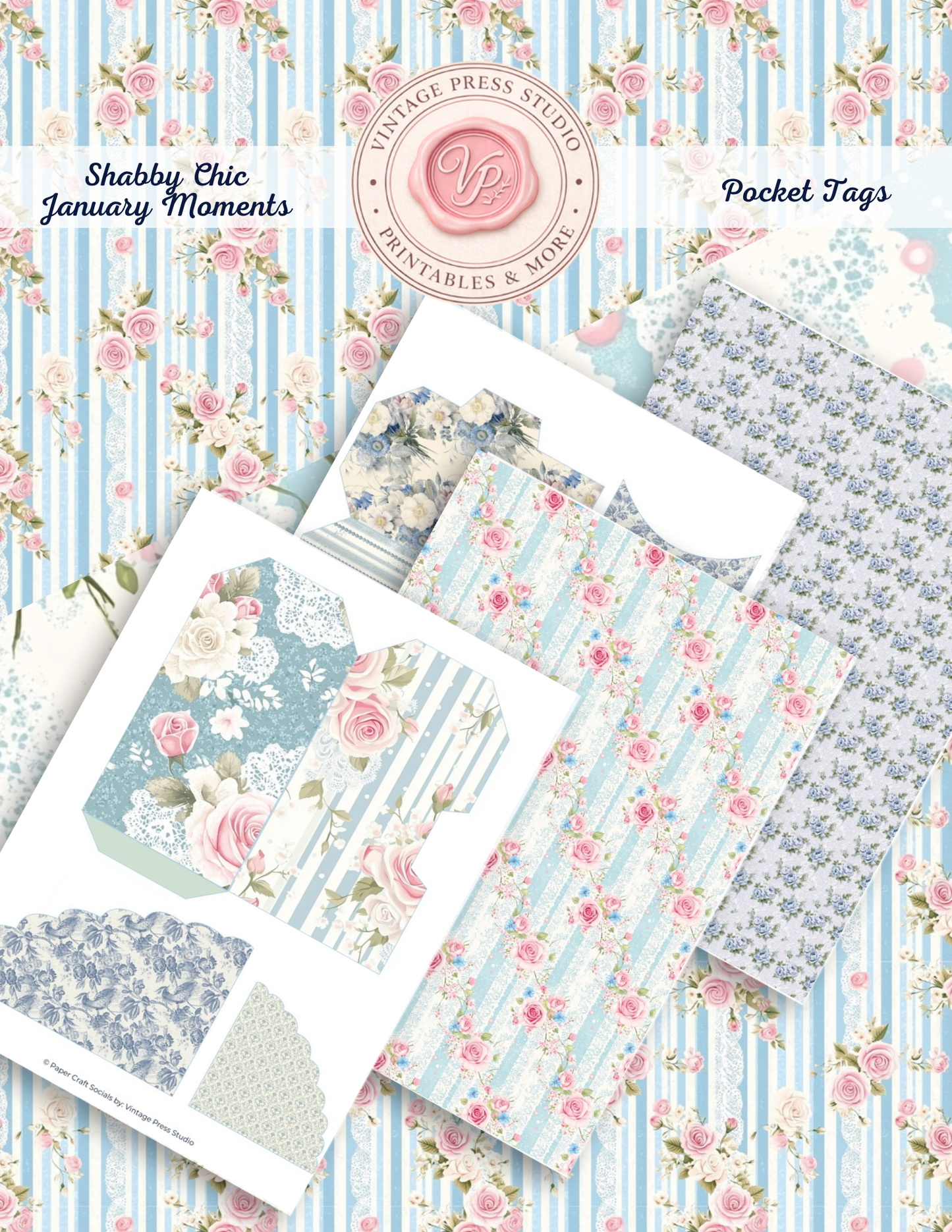 January Moments Shabby Chic Pocket Tags physical paper craft kit in blue pink and ivory by Vintage Press Studio